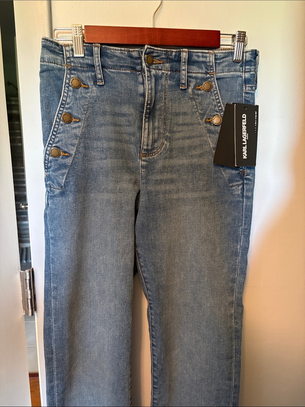 Karl Lagerfeld Medium Blue High-Rise Straight Jeans with Button Detail
